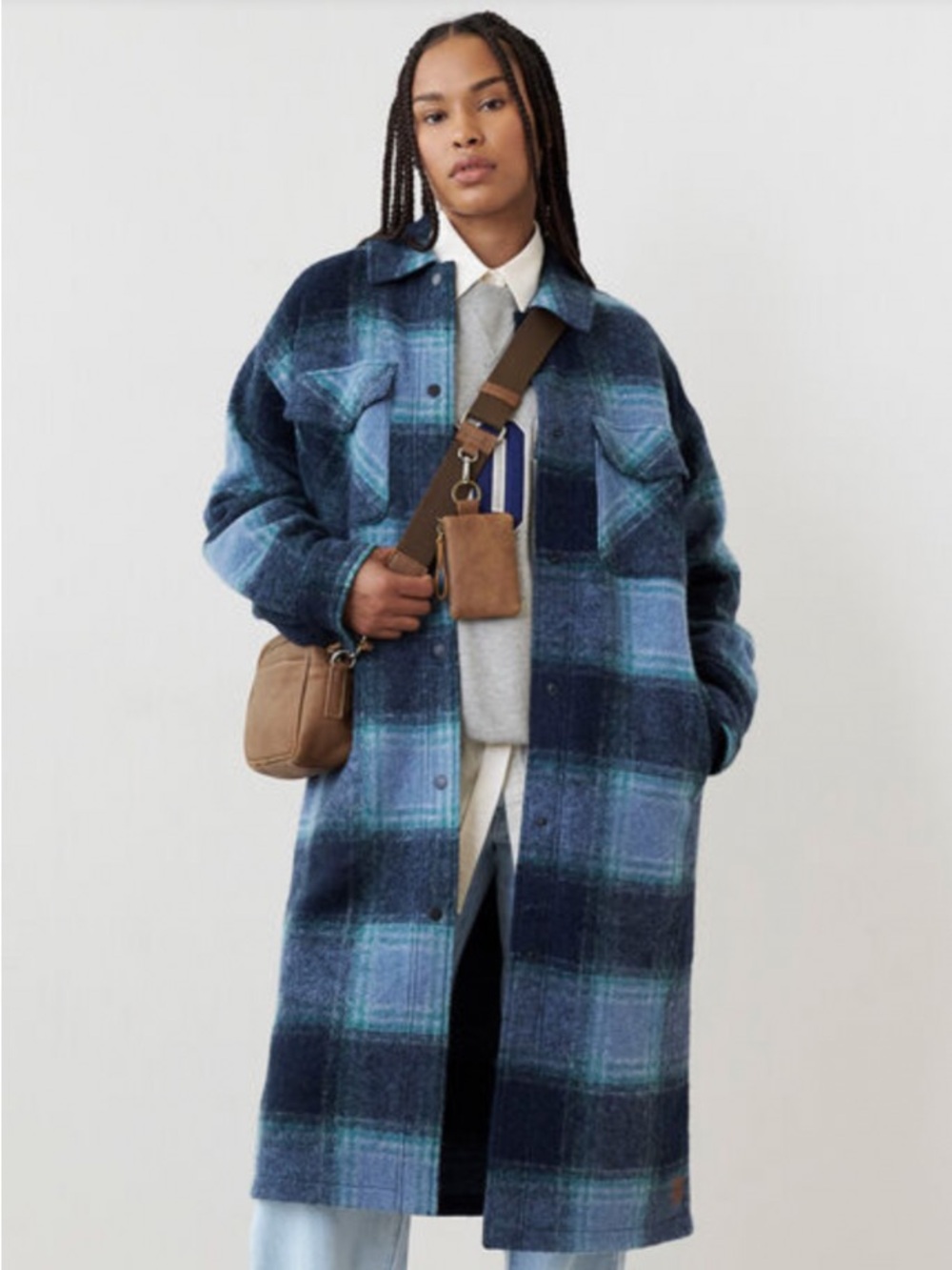 Roots Long Plaid Utility Jacket Coat in Navy and Light Blue